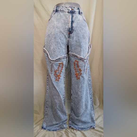 A Fashion Nova Embroider Lets Ride Western Boot Convertable Straight Leg Jeans - Picture 1 of 16